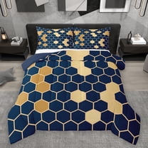 Homewish Navy Gold Honeycomb Bedding Comforter Set for Adult, Modern Fashion Abstract Twin Comforter Sets, Chic Hexagon Reversible Bedding Set, Luxury Bedroom Decor, 2 Pieces