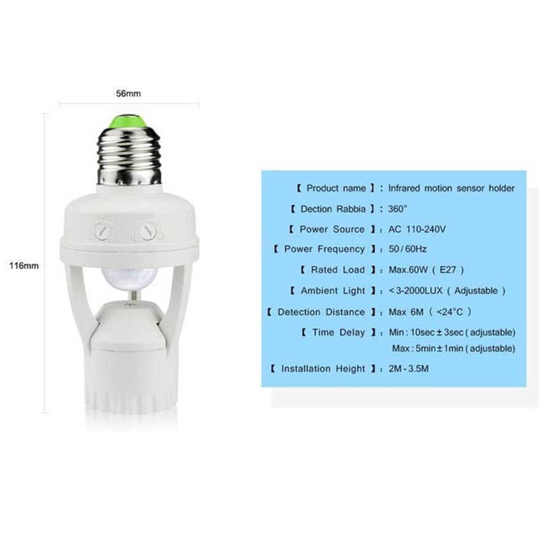 E27 PIR Motion Sensor LED Bulb Holder Socket – 110V, 120W, White Plastic