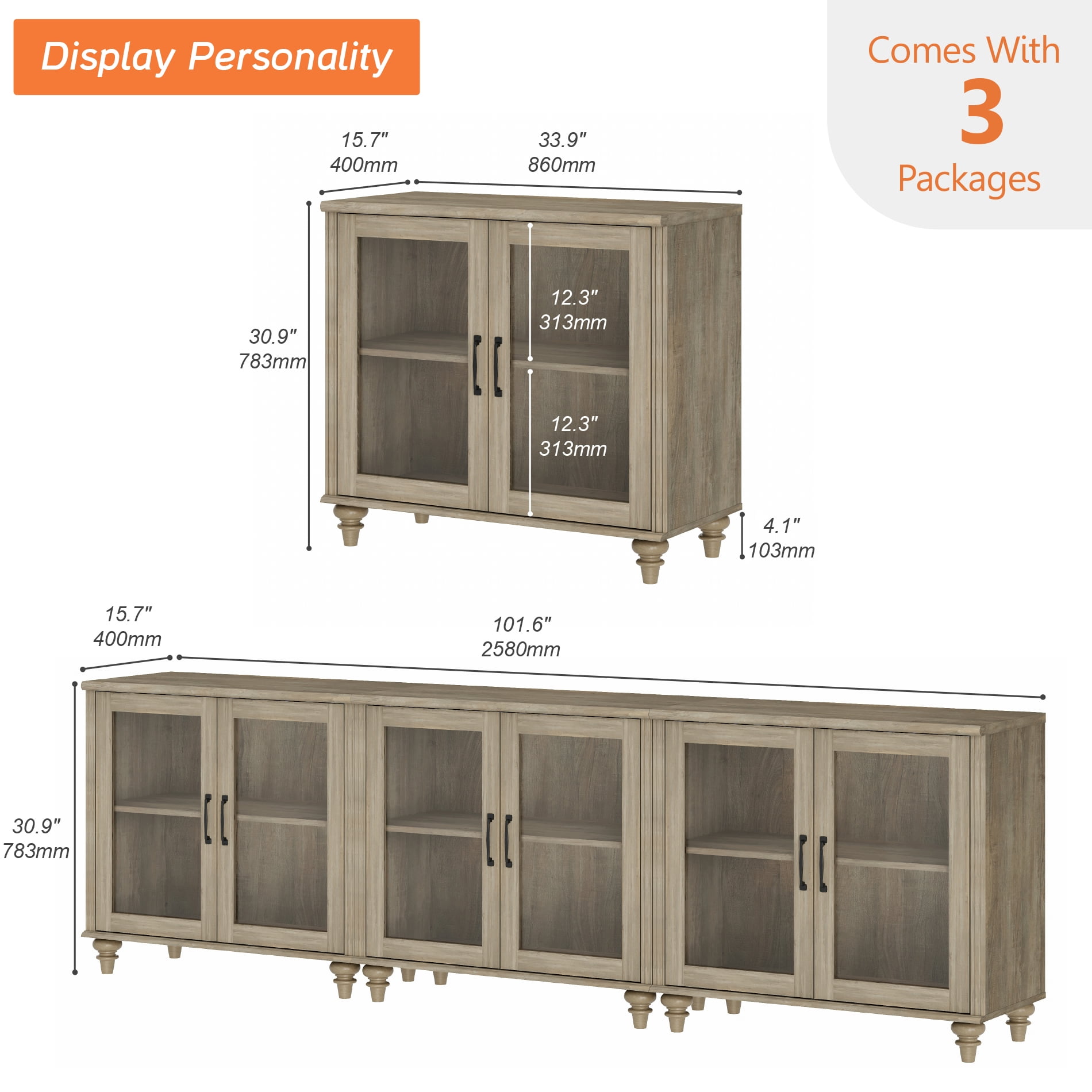 Farmhouse Style 100 inch TV Stand, Console Table with 6 Glass Doors for Living Room or Bedroom, Wash Gray, All Dimension: 101.6"×15.7"×30.9"(L×W×H)