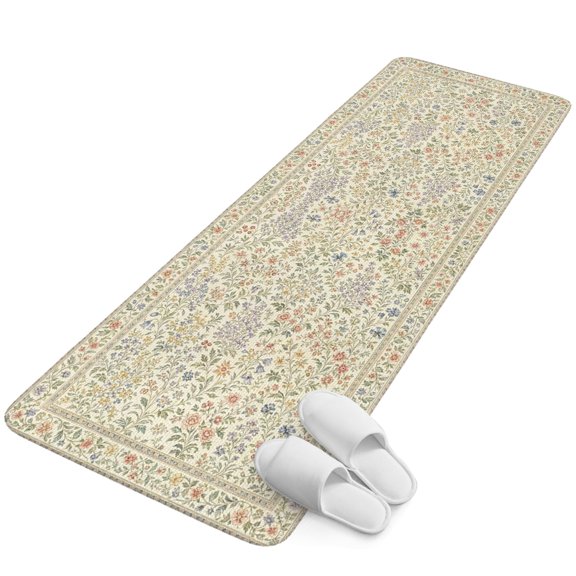 Runner Rug 15.7"x47.2", Beige Floral Retro Boho Non Slip Backing Floor Mats Area Rugs, Absorbent Muddy Dirt Trapping Carpet for Hallway Entryway Kitchen Bedside Vintage Ethnic Tribe Abstract Art