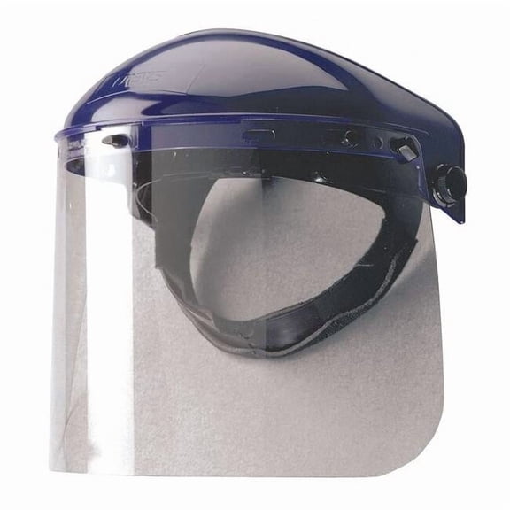Ratchet Face Shield Assembly, Clear Visor, Polyethylene, Ratchet Suspension, Uncoated Lens, Blue