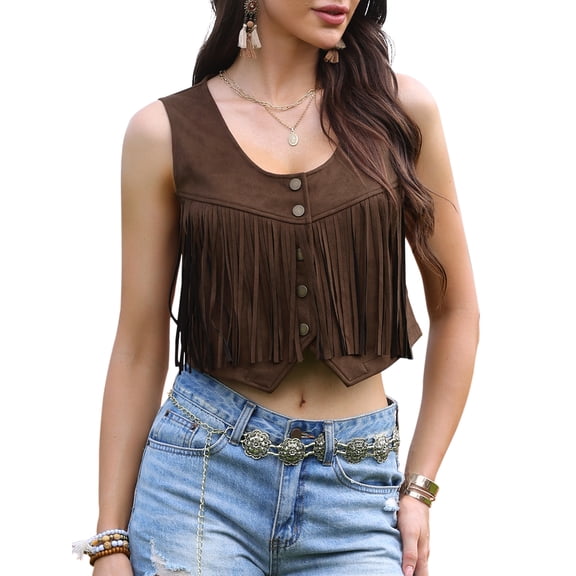 DARING DIVA Women's Fringe Vest Faux Suede Sleeveless Tassel Waistcoat XS Brown