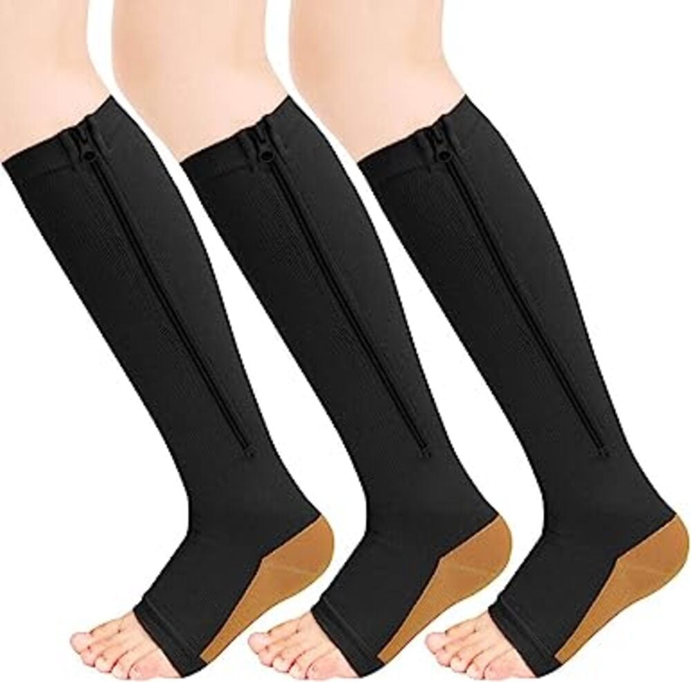 3 Pairs Open Toe Zipper Copper Compression Socks for Women & Men