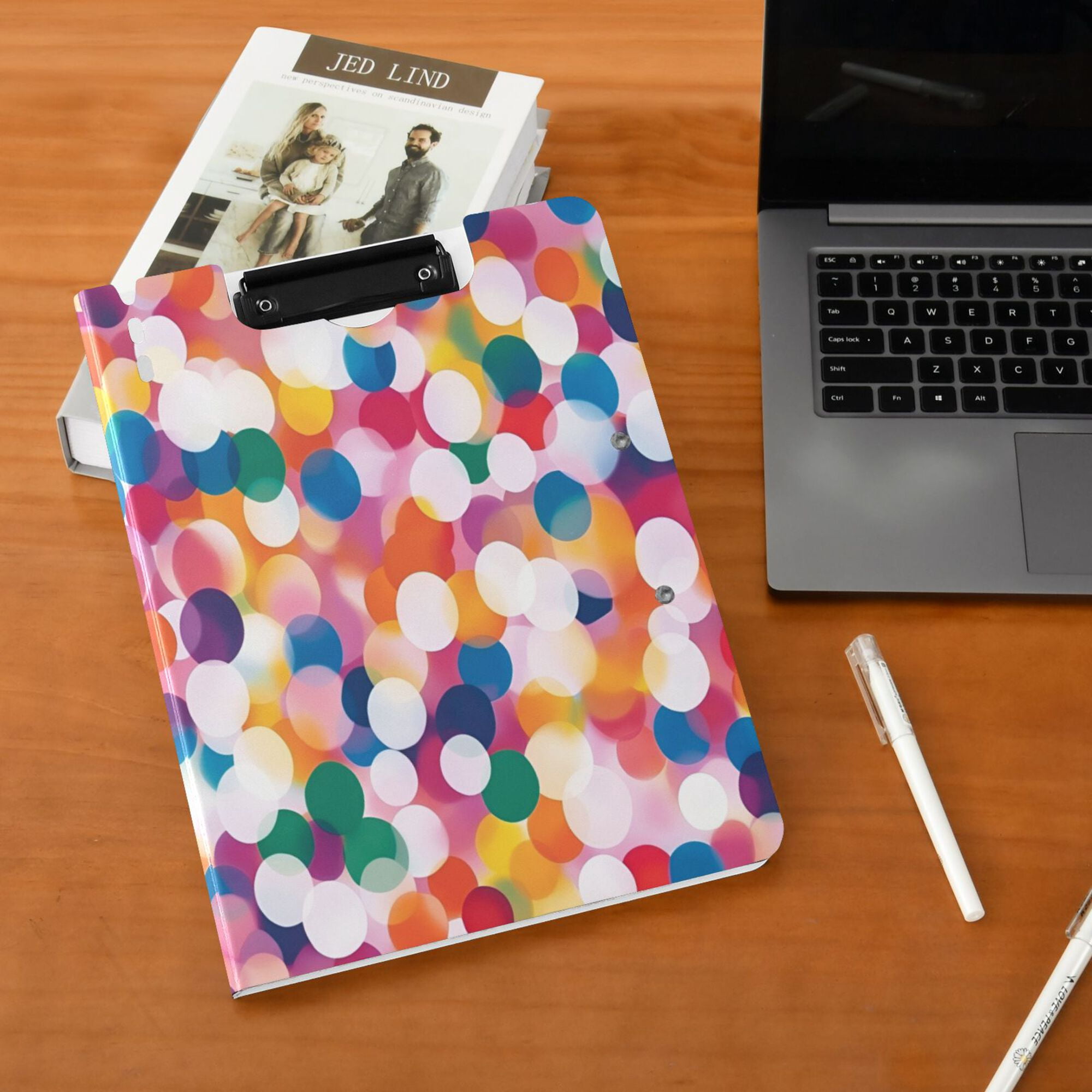 FORMRS A4 Clipboard Folder with Pen Holder Horizontal Foldable School Office Binder, White Colorful Circles