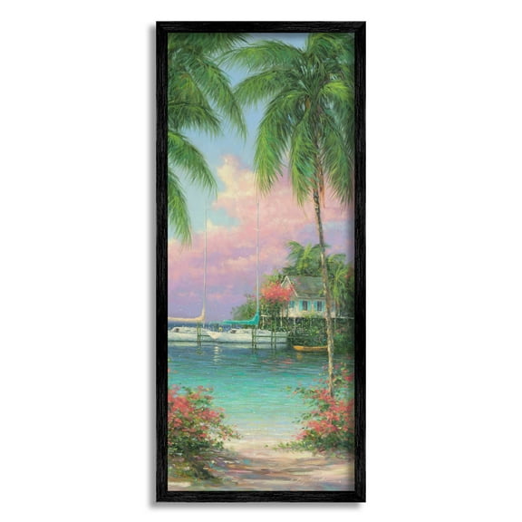 Tropical Beach Palms Docked Boats Coastal Painting Black Framed Art Print Wall Art
