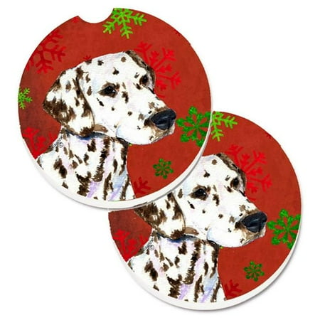 

Dalmatian Red & Green Snowflakes Holiday Christmas Set of 2 Cup Holder Car Coaster