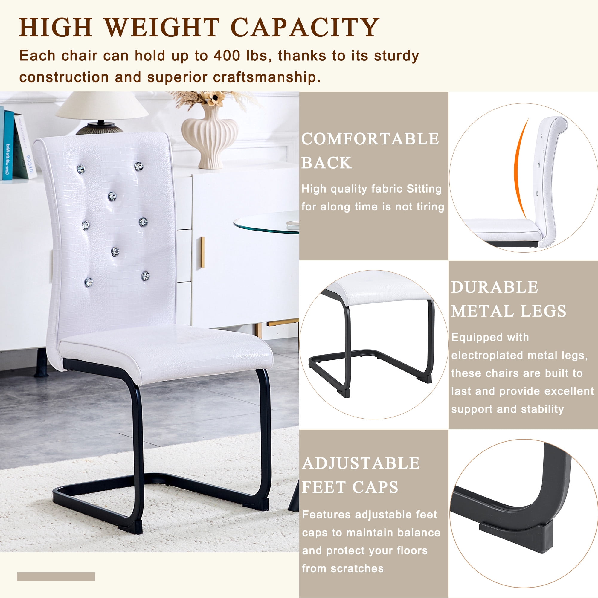 Aukfa Modern Dining Chairs Set of 2 , 400 lbs Heavy-Duty Faux Alligator Leather Kitchen Chairs with Crystal Button Tufted High Back,White