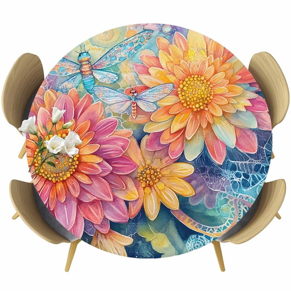 Round Table Cover 55-60 Inch Pink Yellow Spring Floral Waterproof Reusable Table Cloth Round Fitted Vinyl Tablecloth with Elastic Edged for Parties Outdoors, Summer Flowers Dragonfly Watercolor