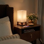 Brightech Maxwell Bedside Lamp Set with USB Port – Compact Table Lamp for Bedroom, Living Room - Modern Asian Nightstand Lamp with Wood Frame - LED Bulb, Soft Light - Brown
