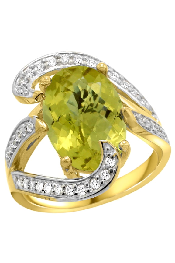 14k Yellow Gold Natural Lemon Quartz Ring Oval 14x10mm Diamond Accent, 3/4 inch wide, size 9.5