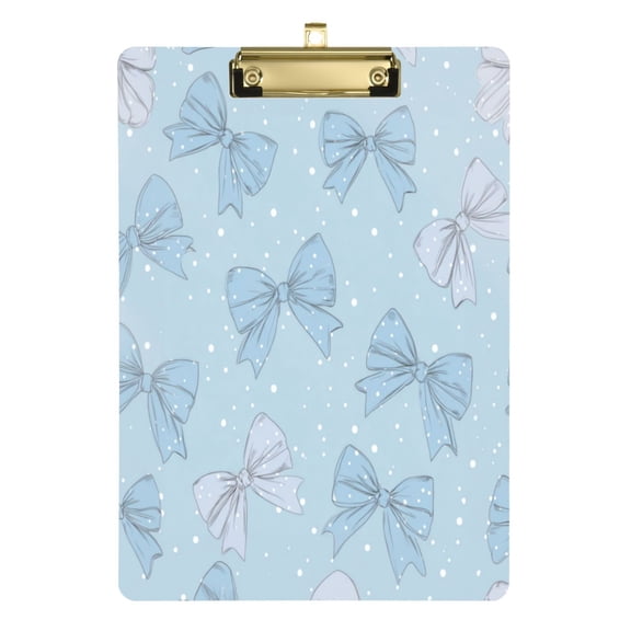 12.5" x 9" Acrylic Clipboard with Gold Clip & Retractable Hook for Office Classroom Home Pastel Blue Bows and Dots