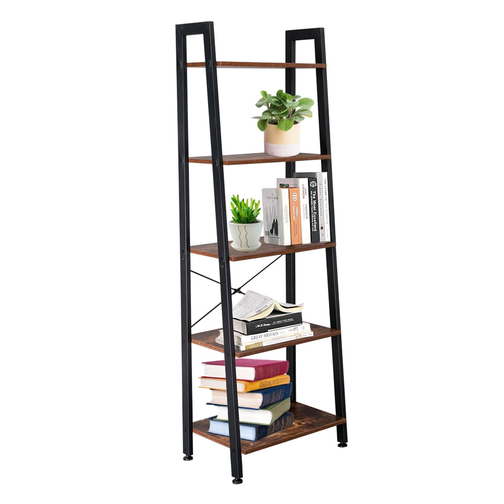 Kepooman 5-Tier Ladder Shelf, Rustic Leaning Shelf, Vintage Ladder Bookshelf, Utility Organizer Shelves, Metal Frame Furniture, Brown Kepooman 5-Tier Ladder Shelf, Rustic Leaning Shelf, Vintage Ladder Bookshelf, Utility Organizer Shelves, Metal Frame Furniture, Brown