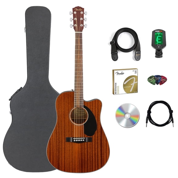 Fender CD-60SCE Solid Top All Mahogany Dreadnought Acoustic-Electric Guitar -Natural Bundle with Case, Cable, Tuner, Strap, Strings, Picks, Polishing Cloth and Austin Bazaar Instructional DVD