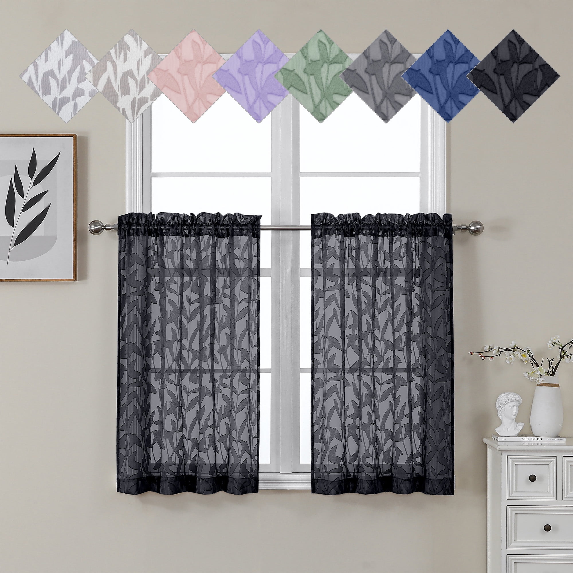 OVZME Leila Black Sheer Kitchen Curtains 36 Inches Long 2 Panels Set, Light Filtering Jacquard Sheer Tiers, Small Windows Curtains with Dual Rod Pocket, 40W x 36L Inch, Black
