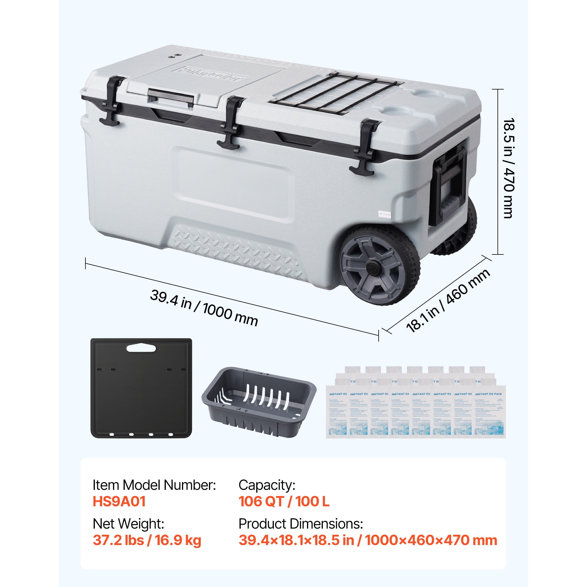 KFFKFF 106QT Portable Rolling Cooler with Wheels, Insulated Chest for 48-Hour Ice Retention, Lightweight and Leak-Resistant Design for Camping, Picnics, and Outdoor Grilling