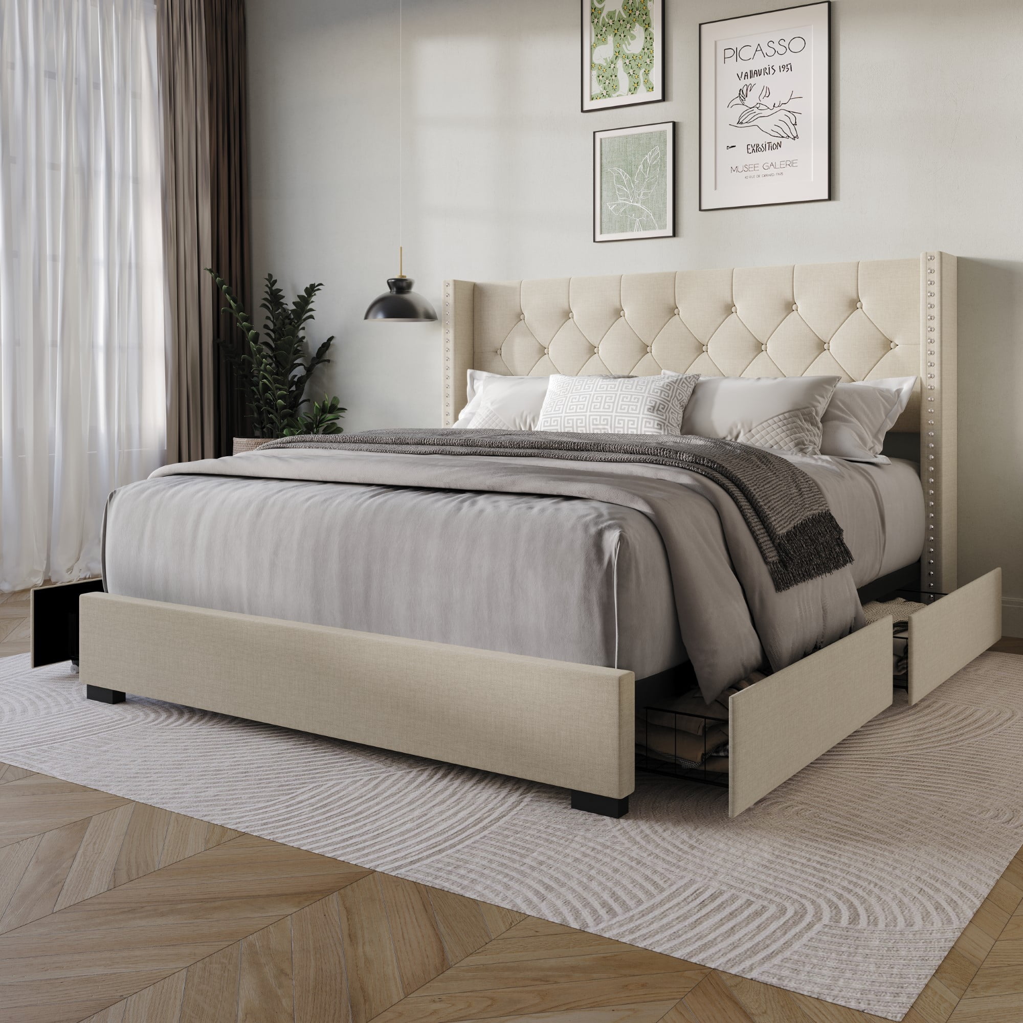Home Design Greeley King Tufted Upholstered Storage Platform Bed Frame with Button-Tufted Wingback Headboard and Four Under-Drawers, Beige, Easy Assembly