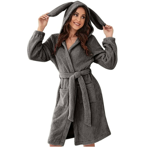 Bixock Women Fall and Winter Pajamas,Women Warm Sleepwear Robes,Women’s Warm Bathrobes Solid Color Double Face Long Sleeve Robe with Ear Hood Long Bathrobes