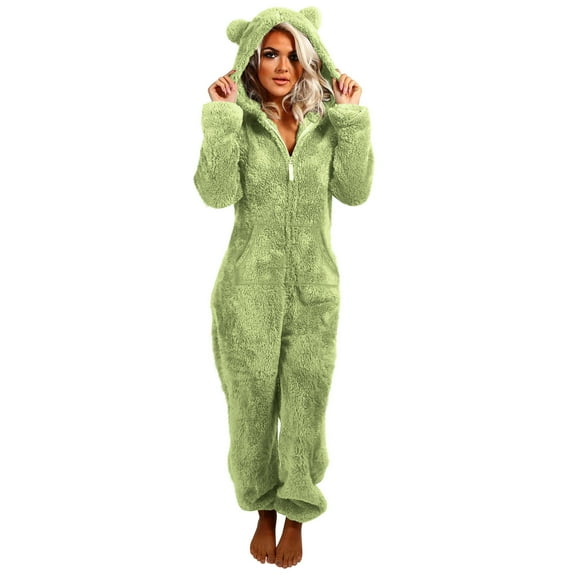 Womens Cute Sherpa Romper Fleece Onesie Pajama One Piece Zipper Funny Bear Ear Hooded Jumpsuit Sleepwear Playsuit (L, Green)