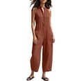 thumbnail image 5 of Wovilon Summer Casual Sleeveless Collared Button Front Wide Leg Jumpsuit for Women, Relaxed Loose Fit Cotton Linen Blend One Piece with Pockets Vacation Travel Outfit, 5 of 5