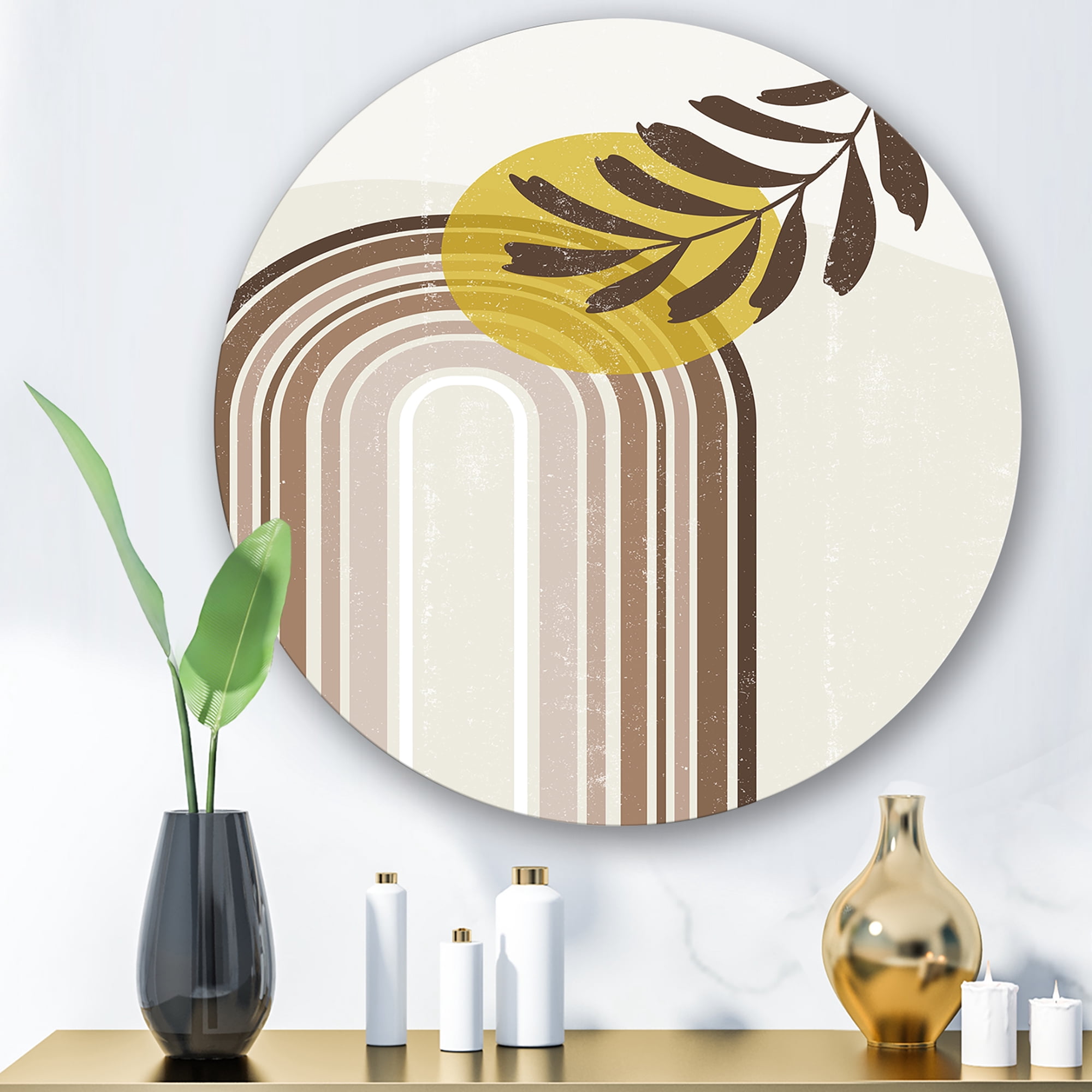 Designart 'Abstract Moon and Sun With Leaf In Earth Tones' Modern Circle Metal Wall Art 23x23 - Disc of 23