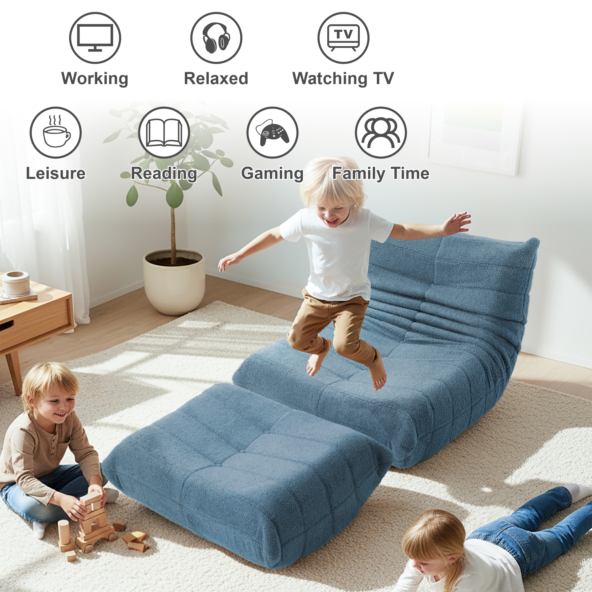 Evita Teddy Fabric Blue Gray Bean Bag Chair with Ottoman, Memory Foam Lounge Chair for Adults, Ergonomic Floor Seating Sofa for Living Room or Bedroom