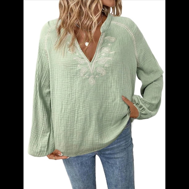 Blusa de Bordada con Cuello en V y Larga Estilo Bohemio para Mujer Verde Matcha L