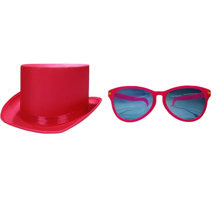 Pink Jumbo Sunglasses Parade Satin Top Hat Fancy Clown Celebrate Costume Set