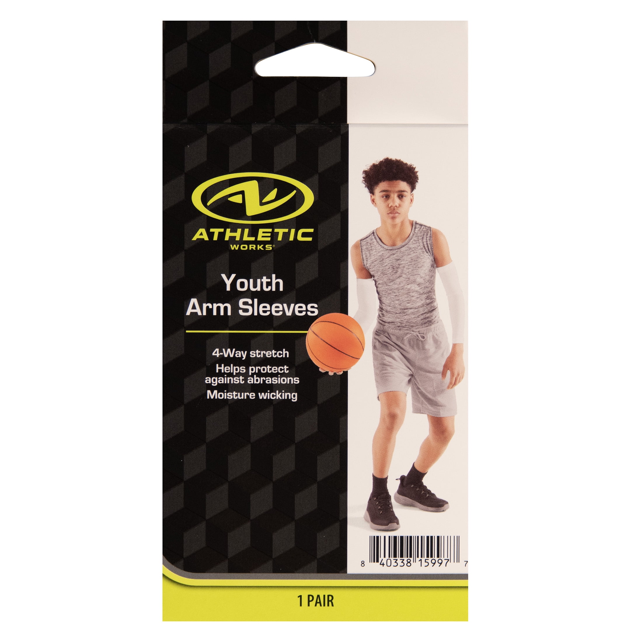 Athletic Works Youth Arm Sleeves, White, One Size, Polyester/Spandex, 4-Way Stretch, 1 Pair
