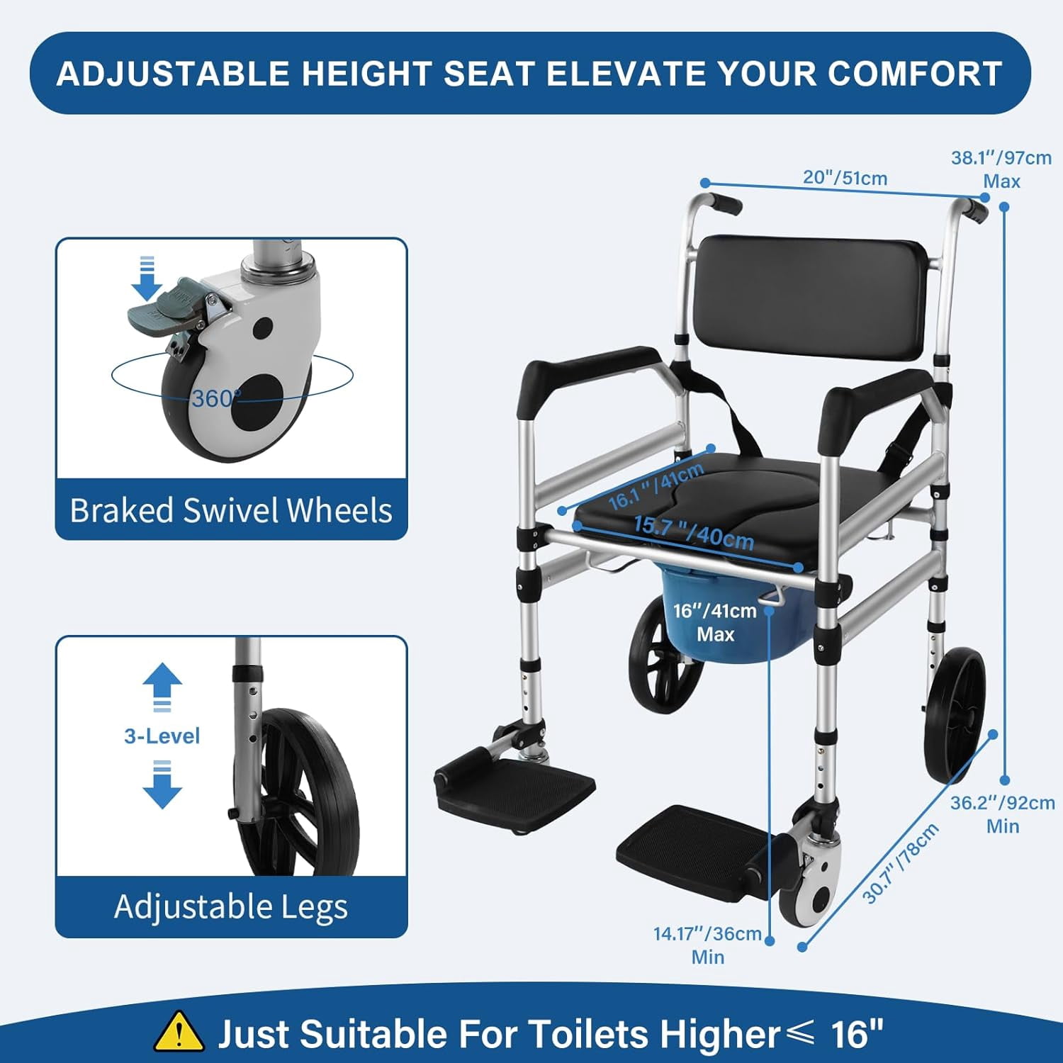 Eosprim Rolling Shower Chair with Handles Arms, Bedside Commode Chair with Wheel, Wheelchair for Elderly Disable,Heavy Duty Raised Toilet Seat Riser for Adults