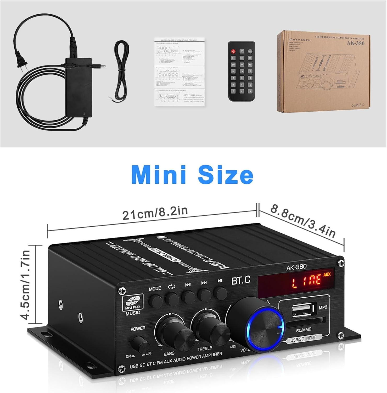 Audio Power Amplifier,Home Stereo Amplifier Receiver,Hifi Stereo AMP Speaker Bluetooth 5.0 Amp Receiver with 12V 5A Power Supply,Remote Control,FM Antenna for Car Home Bar Party