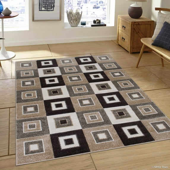 Allstar Brown / Beige Modern Geometric square design Area Rug (3' 9" x 5' 1")
