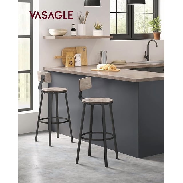 VASAGLE Taburete Alto, Juego de 2, Taburetes Altos de Cocina, con Respaldo, Asiento de 73 cm de Altura, Fácil Montaje, Estructura de Acero, Estilo Industrial, Greige y Negro