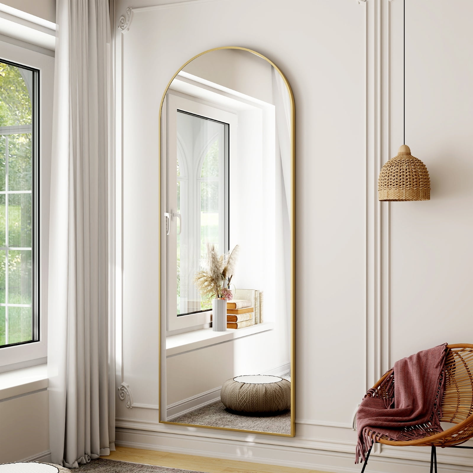 Anyrose 64"x21.3" Arched Full Length Floor Mirror Wall-Mounted Leaning Mirror, Gold