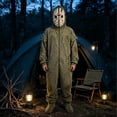 thumbnail image 5 of Olive Green Full Body Jumpsuit with Spooky Hockey Mask & Tassels, Classic Horror Style Full Body Onesie with Zipper & Pockets for Halloween Sleepwear Cosplay(Green,L), 5 of 7