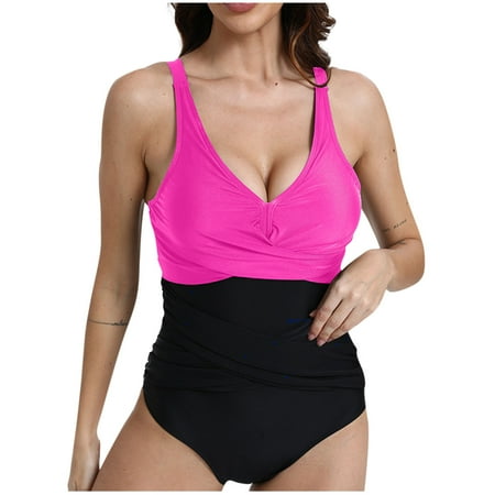 $10 & under UTSJKR Women s One Piece Swimsuits Tummy Control Front Cross Bathing Suits Tie Back Slimming V Neck Swimwear Hot Pink L