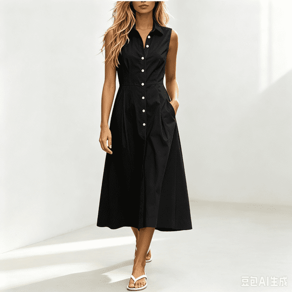 QUNYINEY Button Down Dresses for Women Sleeveless A Line Black Midi Sundress Loose Fit Casual with Pockets Collared Dresses S-2XL