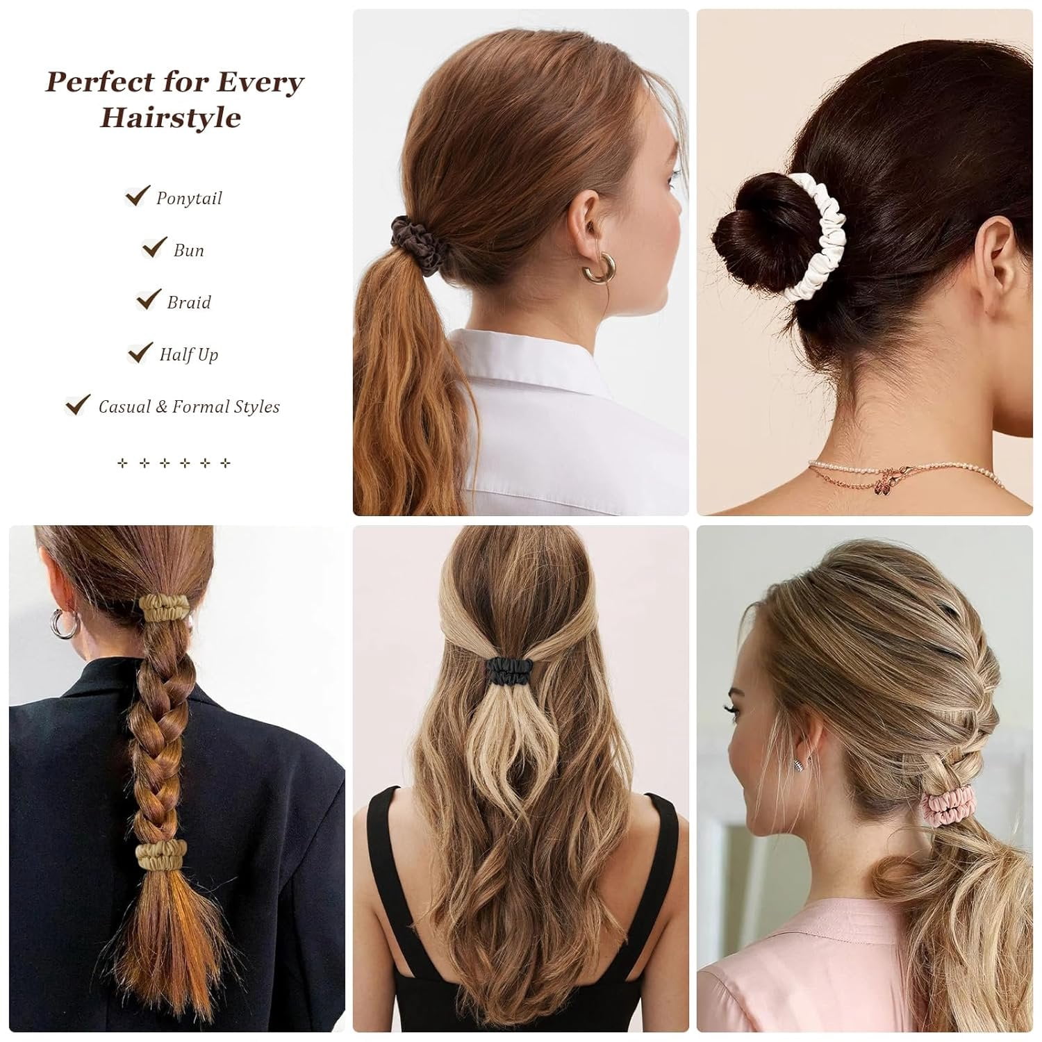 12 Pack Silky Soft Skinny Hair Ties, Silk-Like No  Scrunchies Elastic Ponytail Bands for Women Girls, Thin Thick Curly Hair