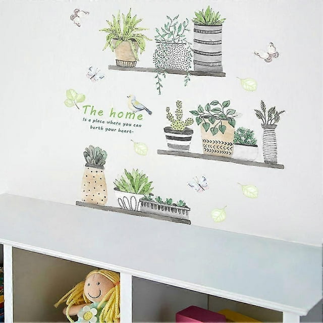 A Set of Potted Plants Butterflies Bird Wall Stickers Self Adhesive Wall Sticker, Decoration for Living Room Bedroom Kitchen