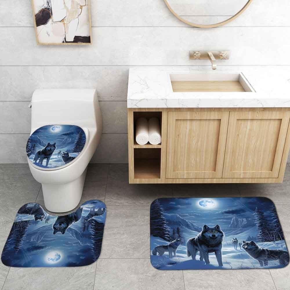 4PCS Wolf Shower Curtain Set, Wild Animal Wildlife Wolves Bathroom Decor, Waterproof Fabric Teal Shower Curtain, Non-Slip Bath Mat Bathroom Rugs, Wolf Gifts for Men Teen Boys
