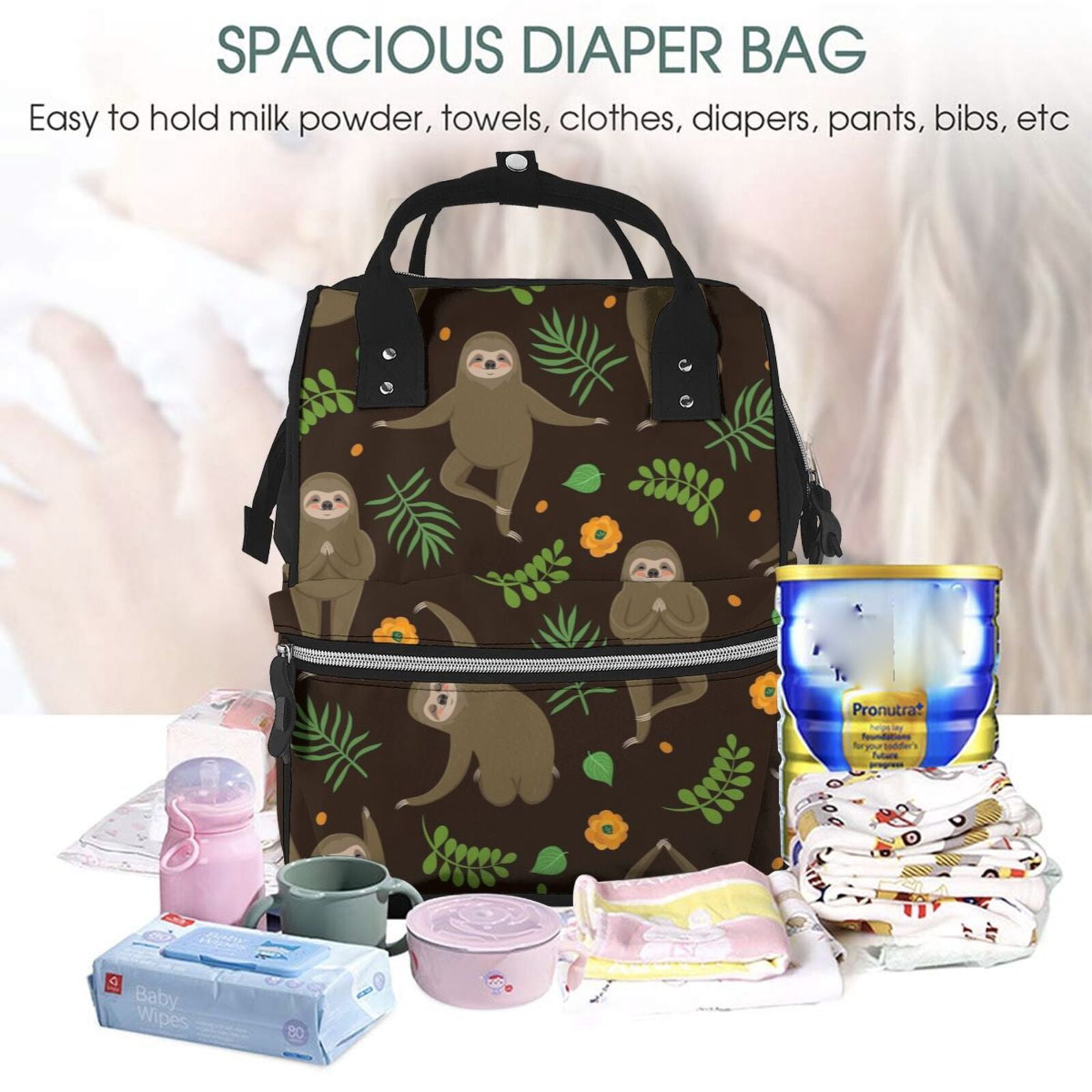 Fuzoiu Sloth Doing Yoga Print Diaper Bag Backpack,Baby Essentials Travel Tote,Multi function Waterproof Diaper Bag, Travel Essentials Baby Bag - Unisex