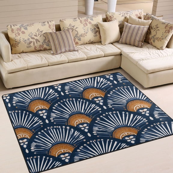 Yayeee Area Rugs for Living Room 5.2'x4' Non Slip Washable Bedroom Floor Carpet, Blue Elegant Geometric