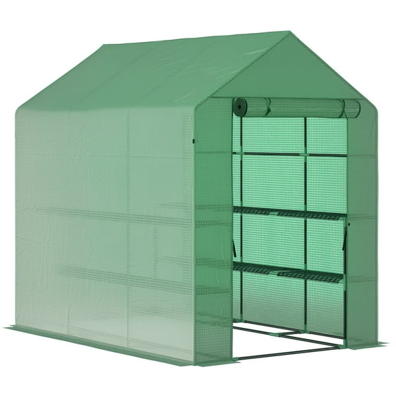 Outsunny 84.25" x 56.25" x 76.75" Walk-in Greenhouse, PE Cover, 3-Tier Shelves, Steel Frame Hot house, Roll-Up Zipper Door for Flowers, Vegetables, Saplings, Tropical Plants, Green