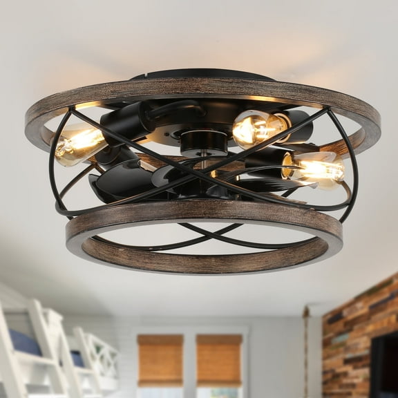 18" Rustic Wood Caged Ceiling Fan with Light and Remote Control, Farmhouse 3-Speed Reversible Flush Mount Ceiling Fan