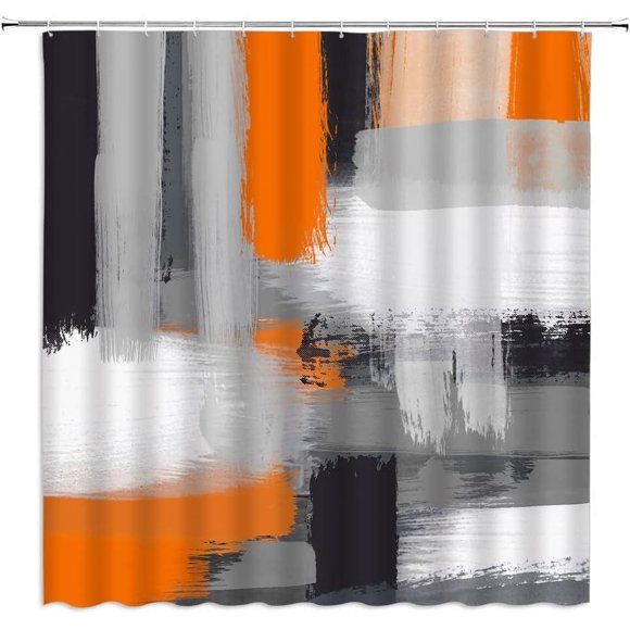Rideau de Douche Orange Gris Orange Brûlé Orange Noir Grunge Moderne Abstrait Peinture à l'Huile Colorée Coups de Pinceau Hippie Cool Art Décor Tissu Rideau de Salle de Bain avec Crochet