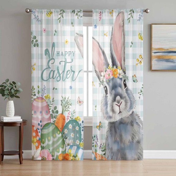 Happy Easter Sheer Curtains 72 Inch Length 2 Panels Set Window Treatments, Spring Bunny Easter Eggs Floral Teal Plaid Rod Pocket Semi Curtains for Living Room/Bedroom/Kitchen Décor, 104"W x 72"L