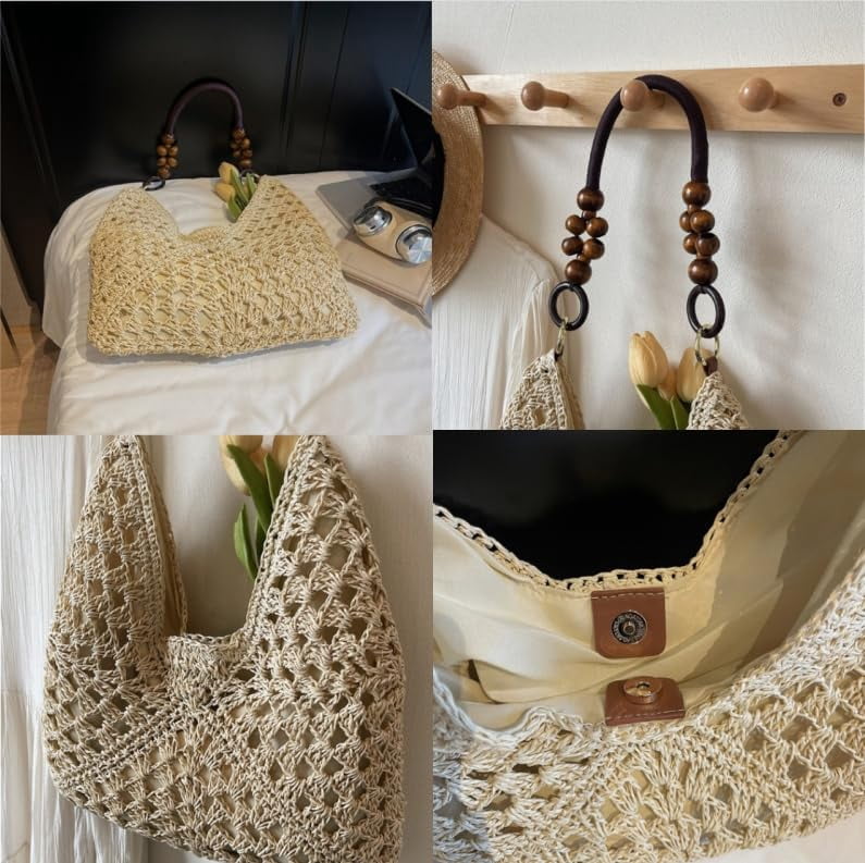 Large Bohemian Handmade Crochet Shoulder Bag – Women’s Summer Straw Woven Tote for Beach, Travel, Casual