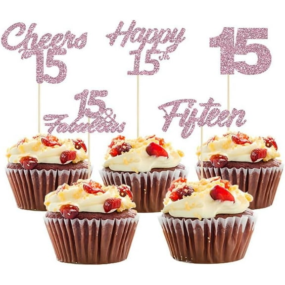 12pcs Happy 15th Birthday Cupcake Toppers Sweet 15 Hello Cake Picks - Cheers to 15 Years Birthday Anniversary, Wedding Party Decorations Supplies (Pink)