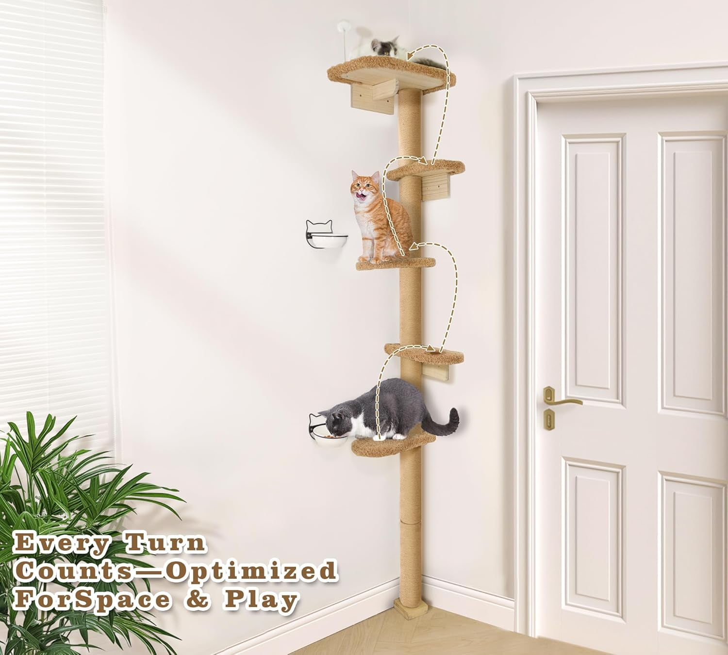 5-Tier Tall Cat Tree for Kittens, Floor to Ceiling Wall Mounted Cat Wall Shelves with Brown Plush Pads, Adjustable Wild Simulation Cat Tower for Climbing, Scratching & Lookout