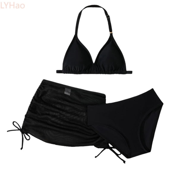 LYHao Girls Swimwear 3 Piece Set For Pool Beach Summer Outfits Toddler Bikini Swimsuit With Swim Cap For Ages 5 11 Years,3 Piece Bathing Suit 5-6 Years Black