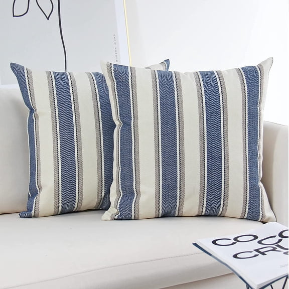 Yumcute Stripe Throw Pillow Covers Farmhouse Pillowcases Pack of 2 16 x 16 Inch Blue